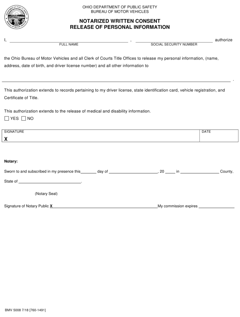 Form BMV5008 Download Printable PDF Or Fill Online Notarized Written 