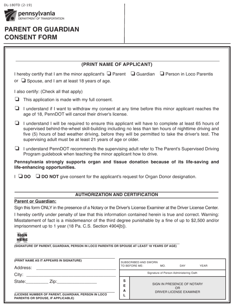 Form DL 180TD Download Fillable PDF Or Fill Online Parent Or Guardian 