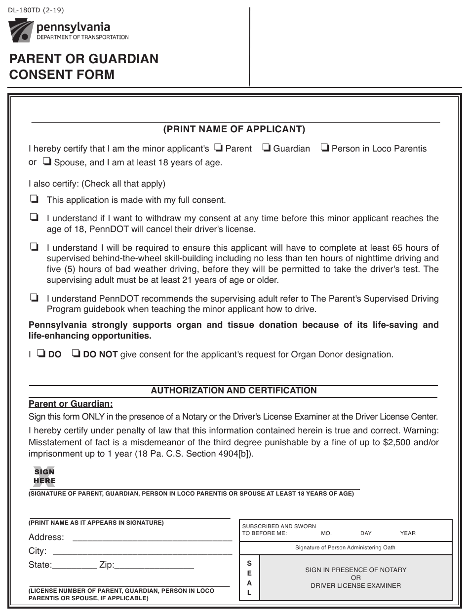 Form DL 180TD Download Fillable PDF Or Fill Online Parent Or Guardian