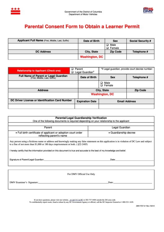 Form Dmv Pcf 01 Parental Consent Form To Obtain A Learner Permit 