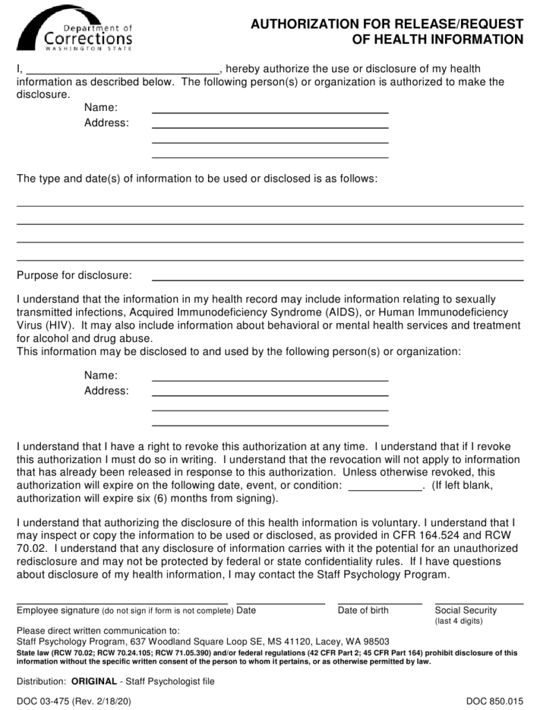 Form DOC03 475 Download Printable PDF Or Fill Online Authorization For 