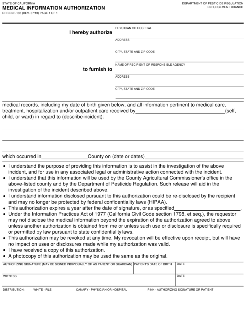 Form DPR ENF 133 Download Fillable PDF Or Fill Online Medical 