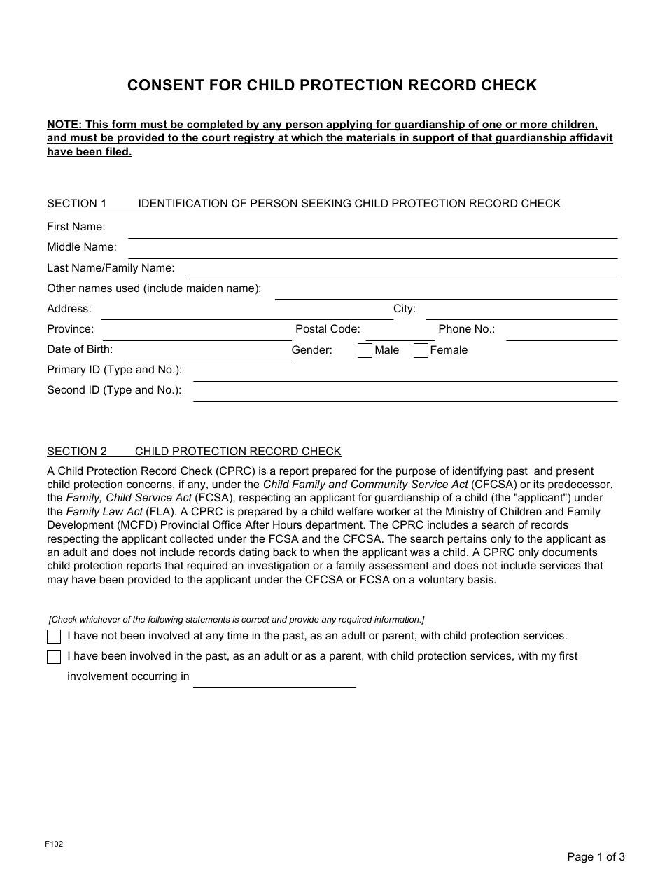 Form F102 Download Fillable PDF Or Fill Online Consent For Child