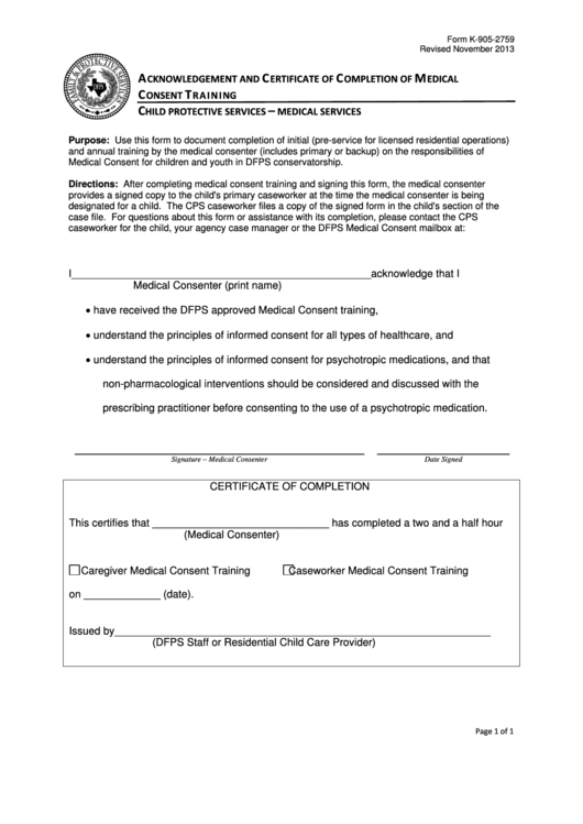 Form K 905 2759 Acknowledgement And Certificate Of Completion Of 