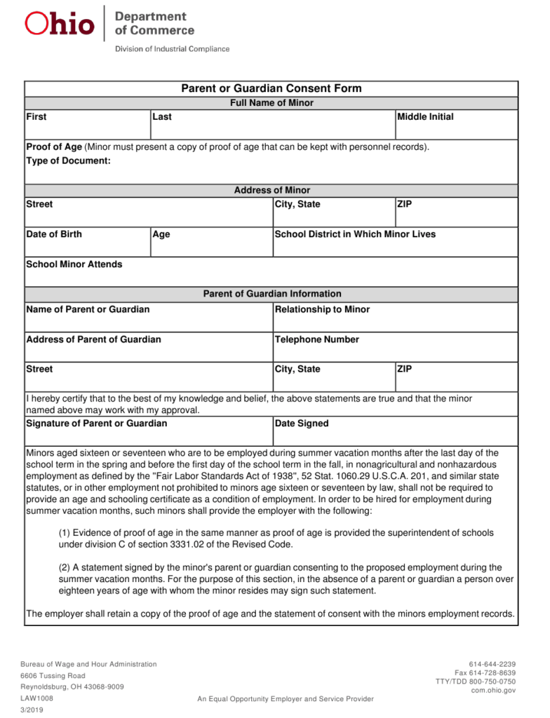 Form LAW1008 Download Printable PDF Or Fill Online Parent Or Guardian 