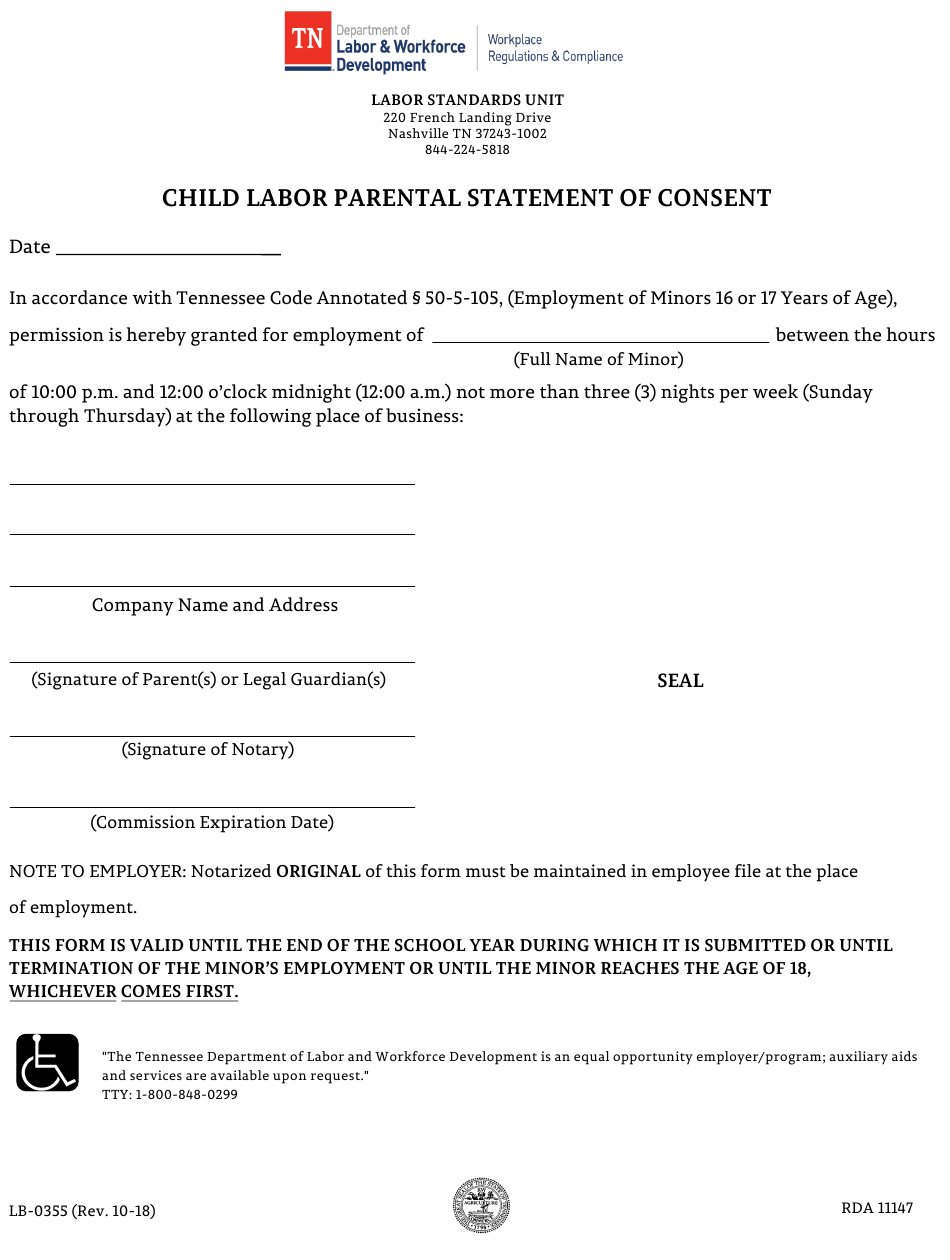 Form LB 0355 Download Fillable PDF Or Fill Online Child Labor Parental