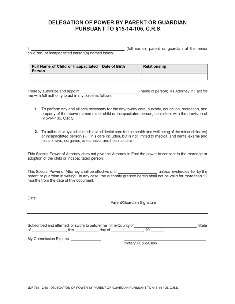 Free Colorado Minor Child Power Of Attorney Form PDF Word