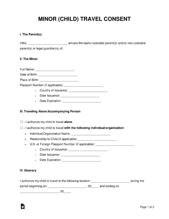 Free Minor Child Travel Consent Form PDF Word EForms Free 