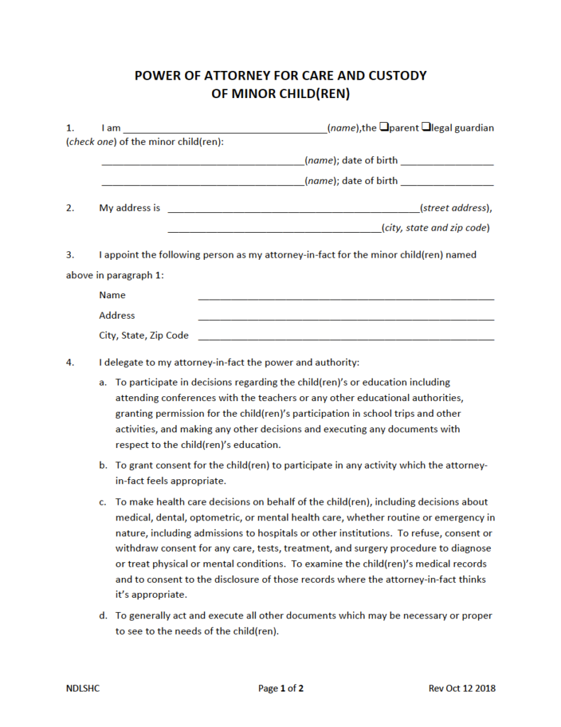 Free North Dakota Minor Child Power Of Attorney Form PDF