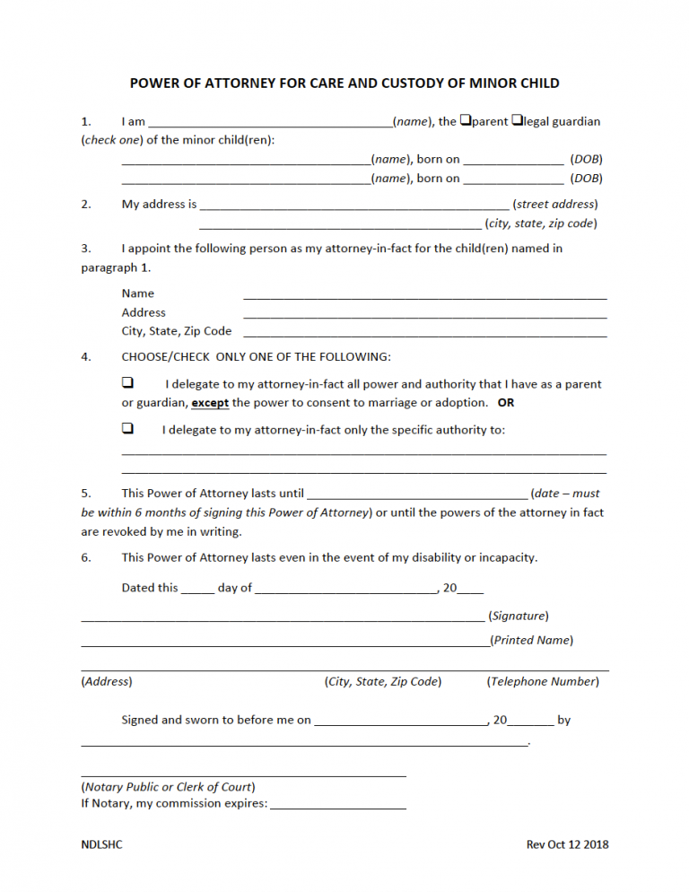 Free North Dakota Minor Child Power Of Attorney Form PDF