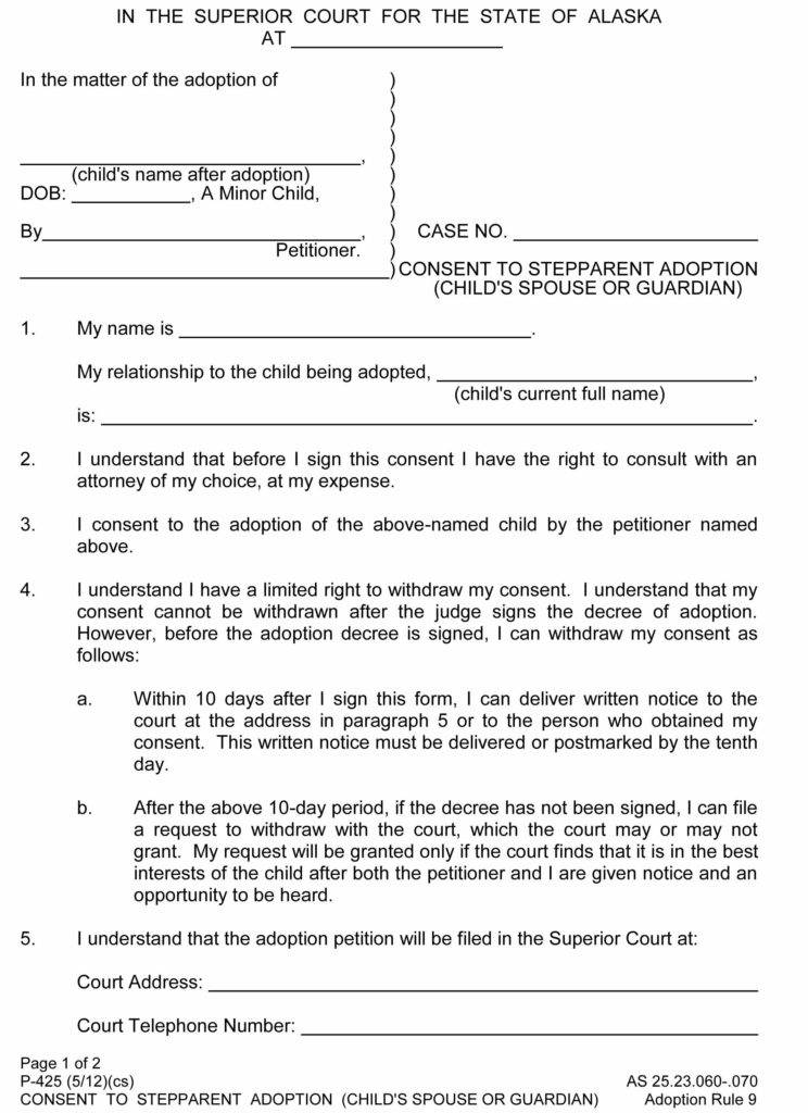 Free P 425 Alaska Consent To Stepparent Adoption Child Spouse Or