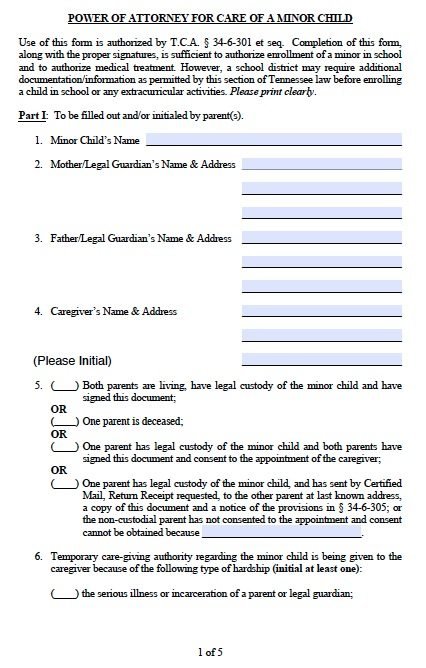 Free Parental Guardianship For Minor Child Power Of Attorney Tennessee 