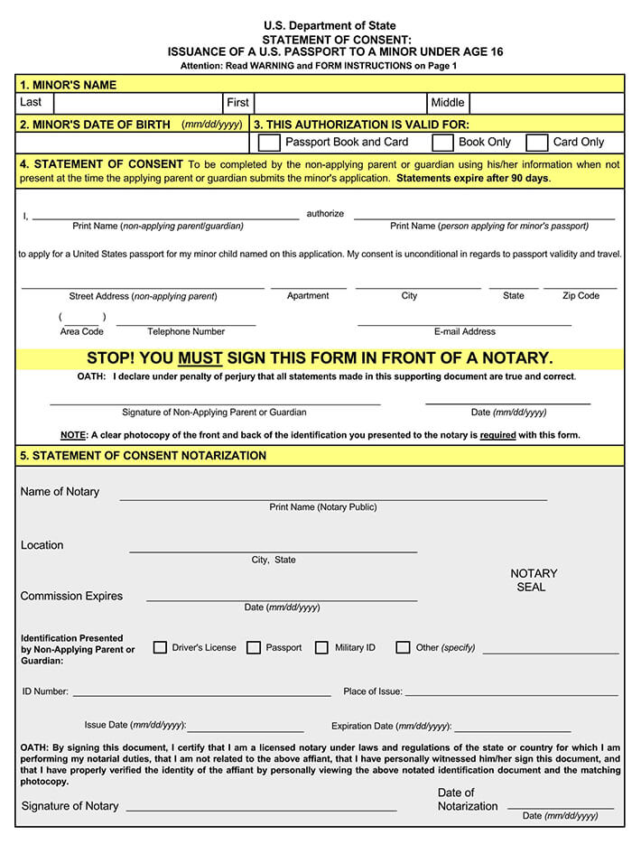 Free Passport Parental Consent Forms Form DS 3053 Word PDF