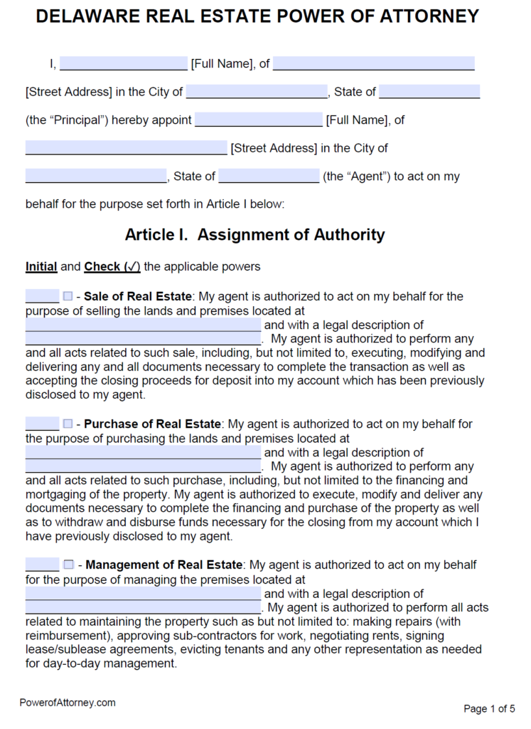 Free Real Estate Power Of Attorney Delaware Form PDF Word