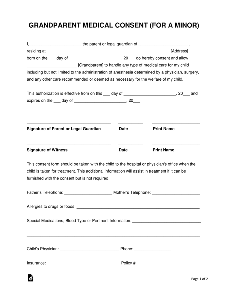 Grandparents Medical Consent Form Minor Child EForms