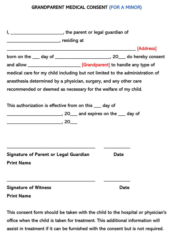 Grandparents Medical Consent Forms Minor Child Word PDF