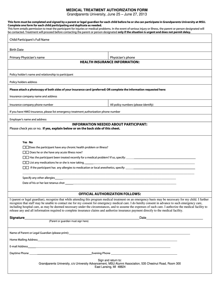 Grandparents University Medical Treatment Authorization Form 2013 