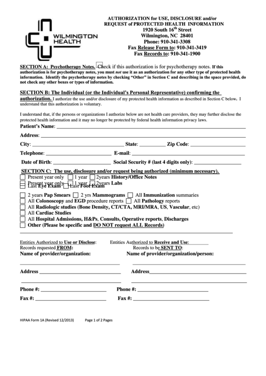 Hipaa Form 1a Authorization To Release Medical Records 2013 