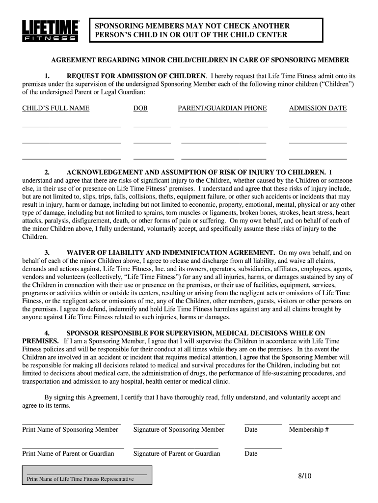 Lifetime Fitness Waiver Fill Online Printable Fillable Blank