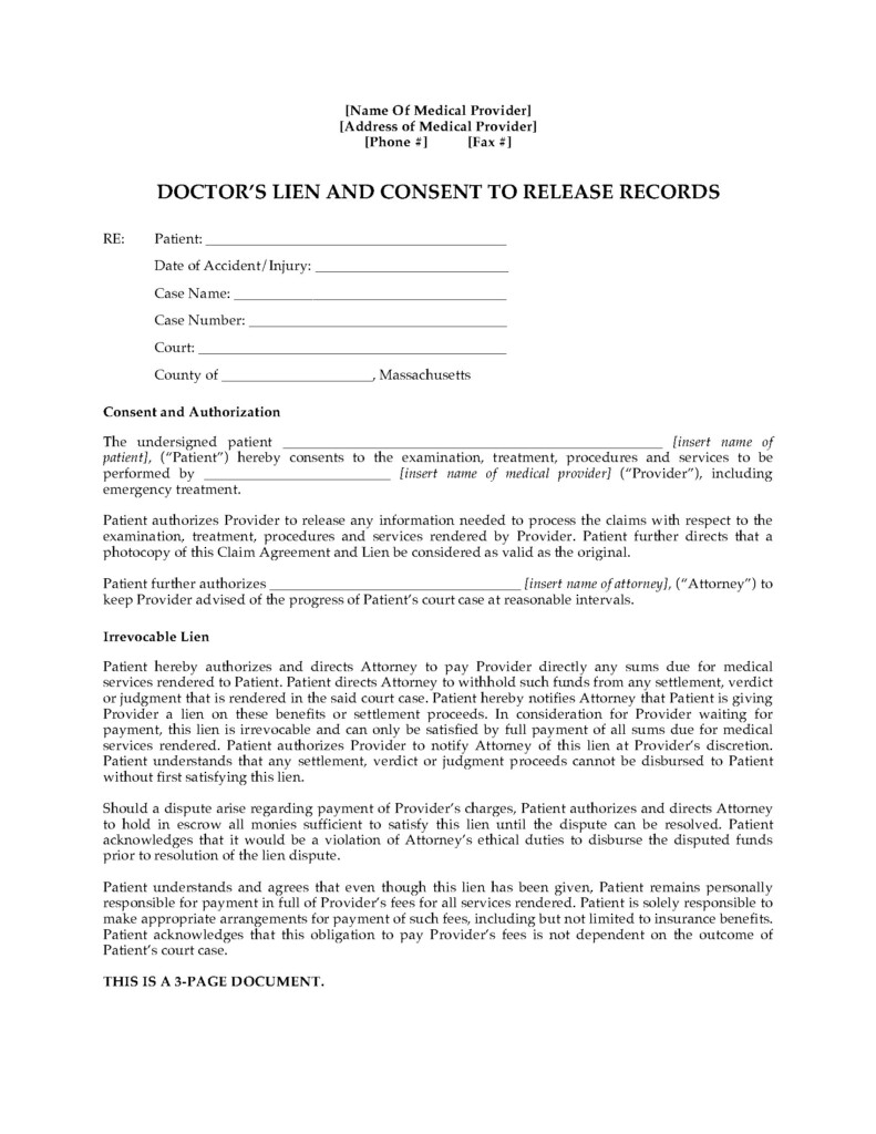 Massachusetts Doctor s Lien And Patient Consent Legal Forms And 