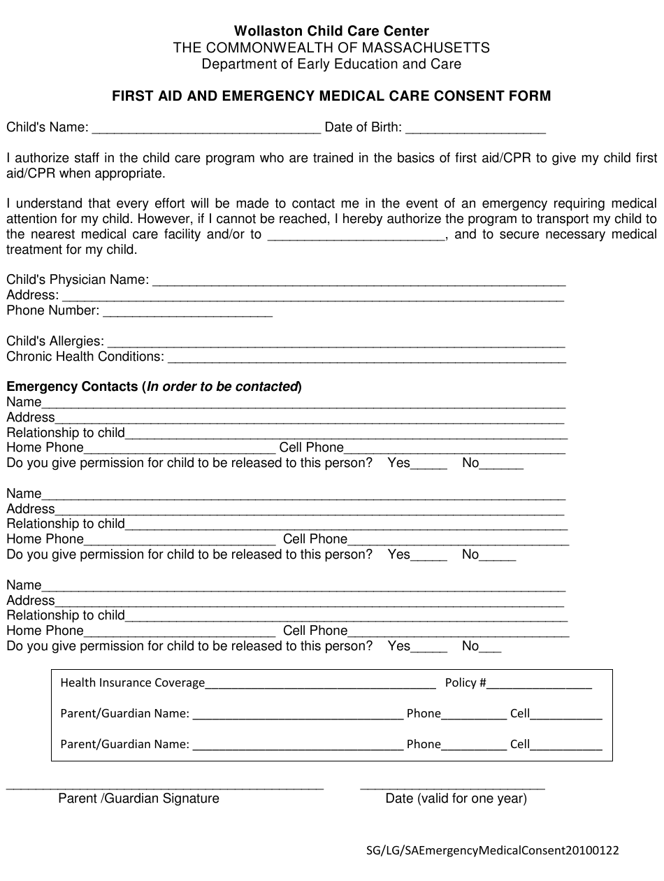 Massachusetts First Aid And Emergency Medical Care Consent Form