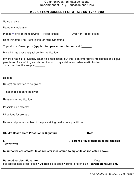 Massachusetts Medication Consent Form Download Printable PDF 