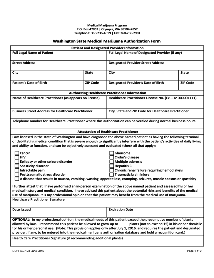 Medical Marijuana Authorization Form Washington State Free Download