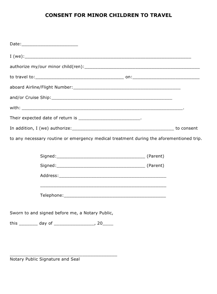 Minor Children Travel Consent Form Download Printable PDF Templateroller