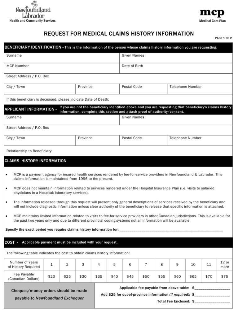 Newfoundland And Labrador Canada Request For Medical Claims History 