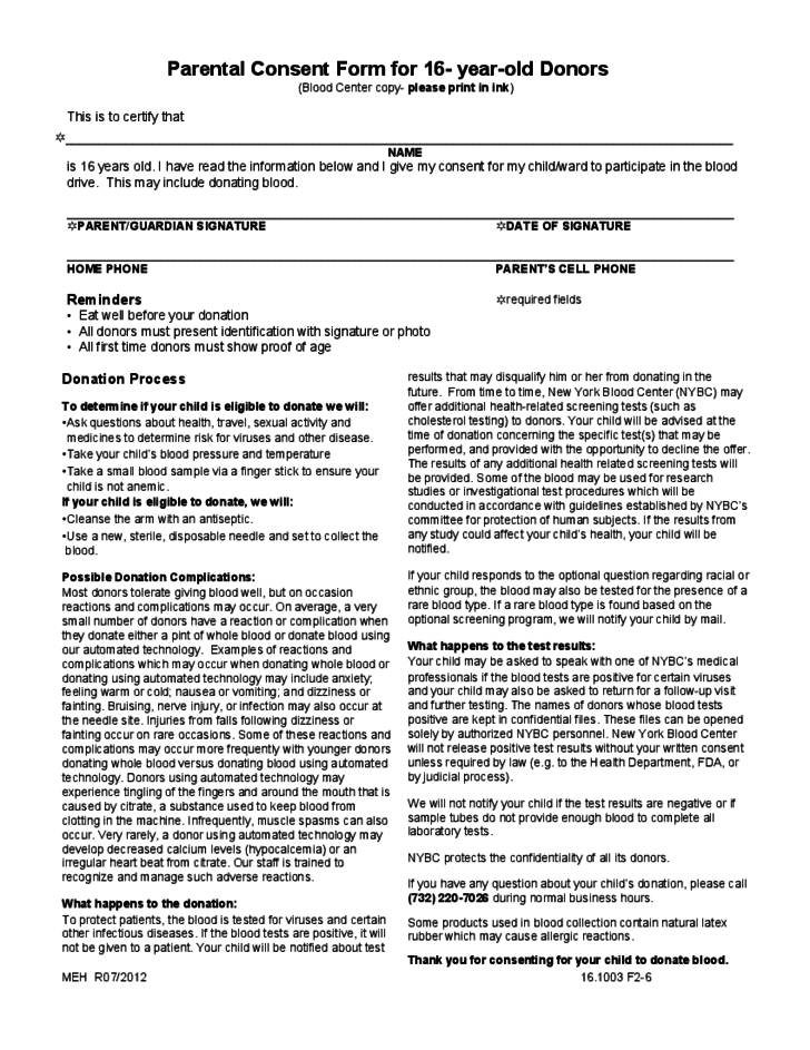 Parent Consent Form For 16 year Old Donors New Jersey Free Download