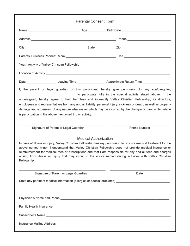 Parent Consent Form For Medical Treatment Free Printable Documents