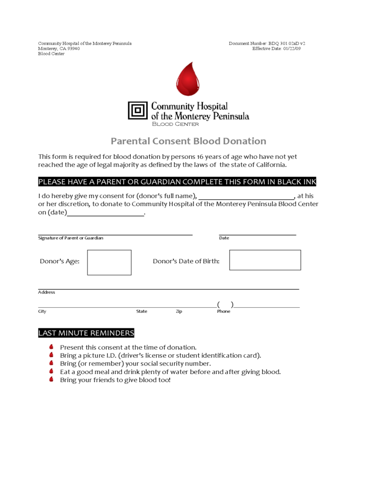 Parental Consent Blood Donation California Free Download