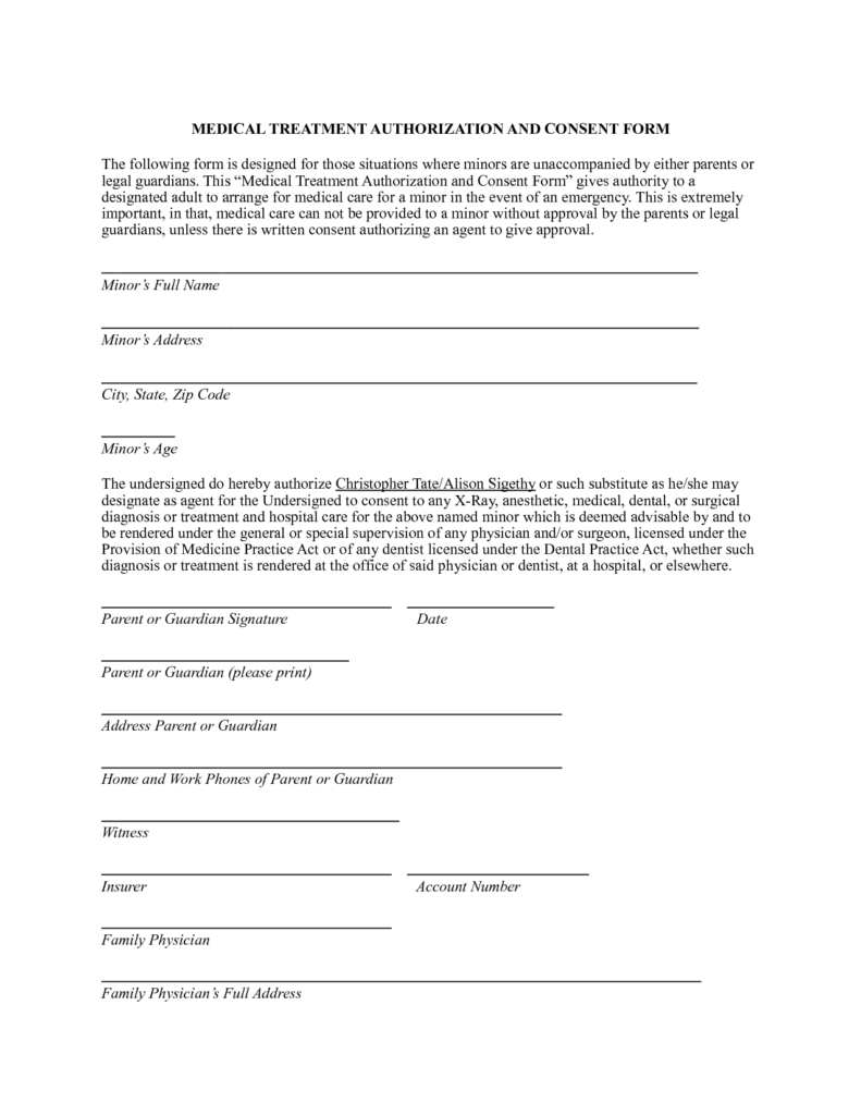 Parental Consent Form For Medical Treatment Free Printable Documents