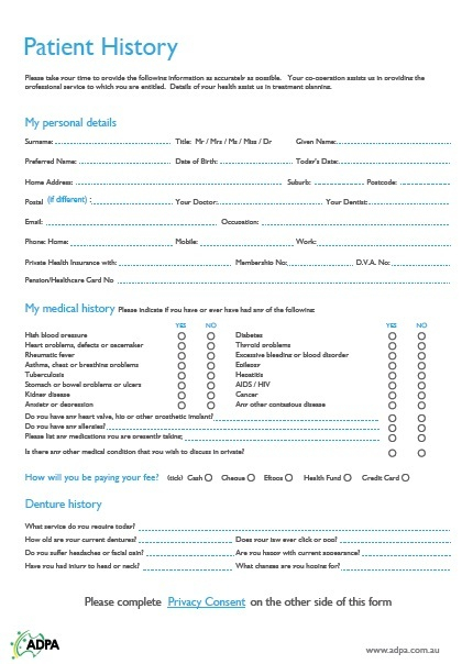 Patient History Consent Form Australian Dental Prosthetists Association