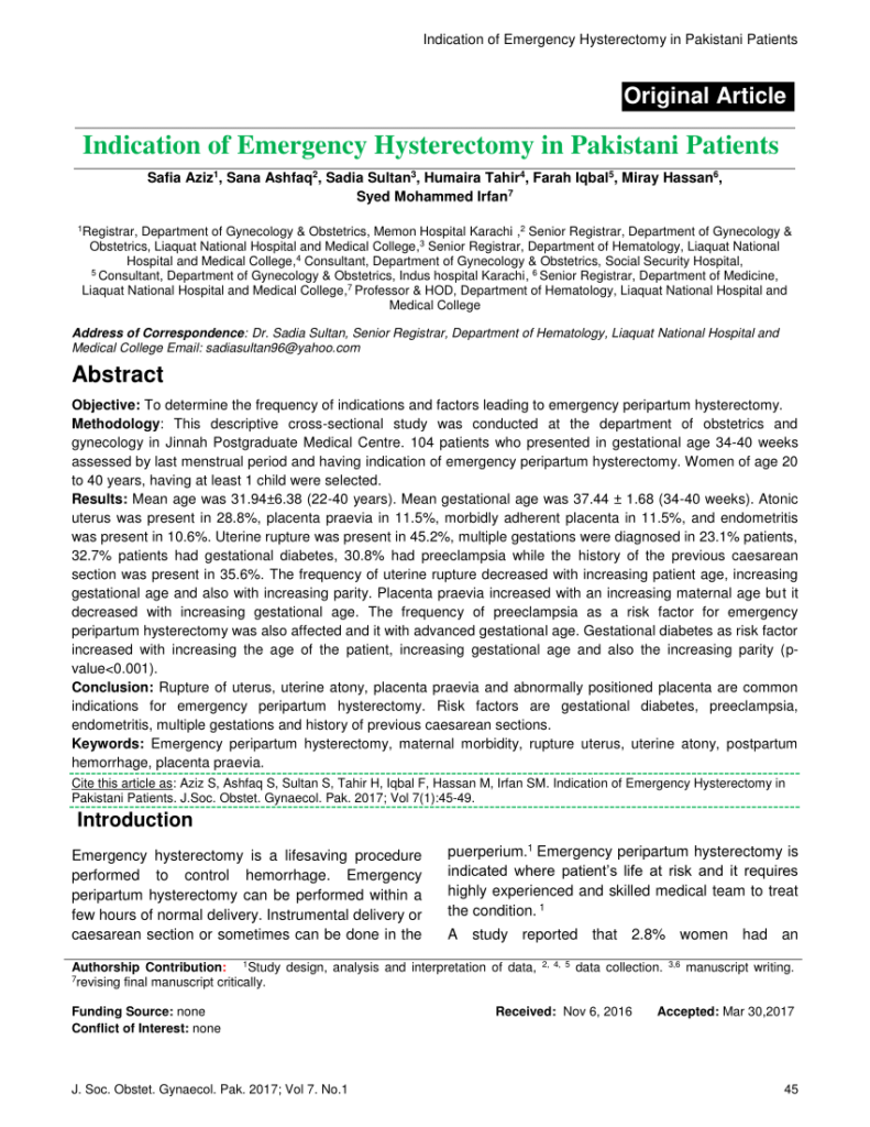  PDF Indication Of Emergency Hysterectomy In Pakistani Patients