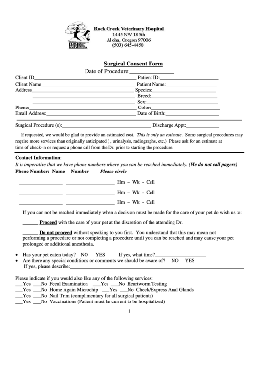 Surgical Consent Form Printable Pdf Download