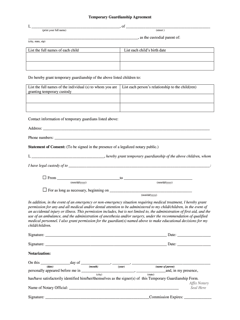 Temporary Guardianship Without Court Florida Fill Online Printable 