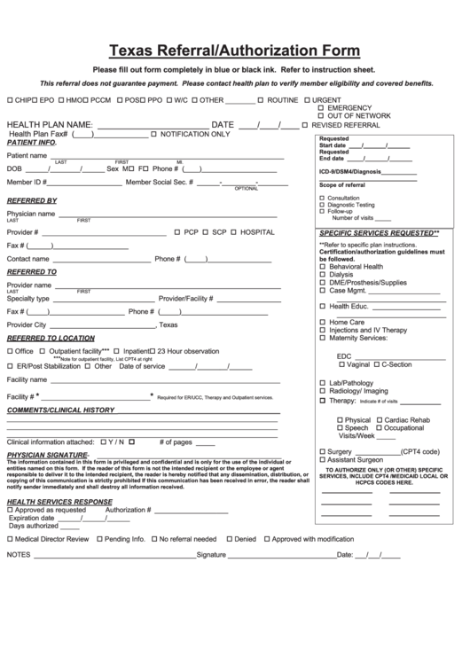 Texas Referral authorization Form Printable Pdf Download