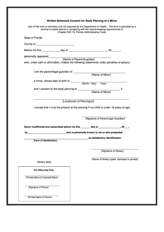 Written Notarized Consent For Body Piercing Of A Minor Form Printable 