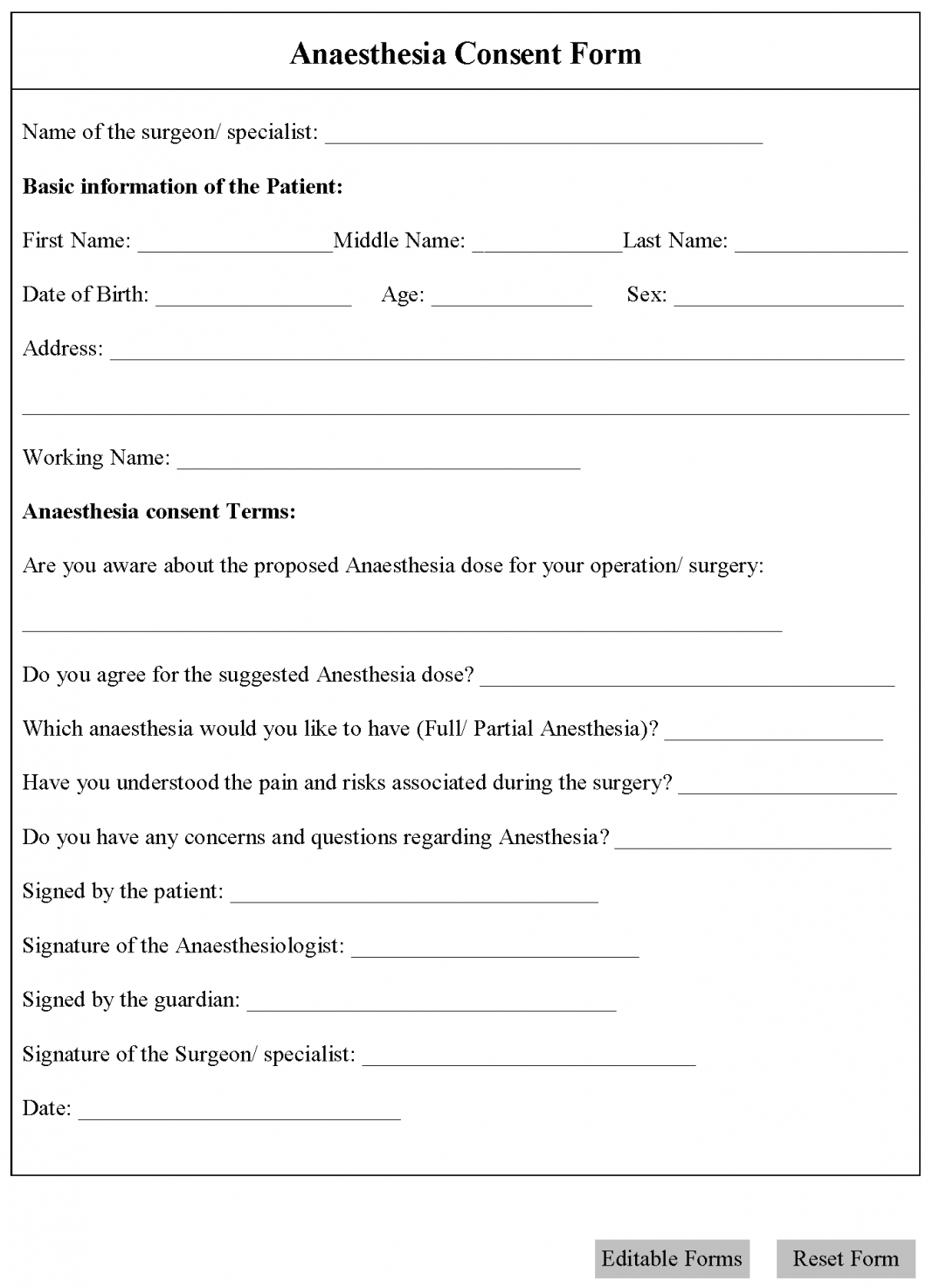 Anaesthesia Consent Form Editable Forms