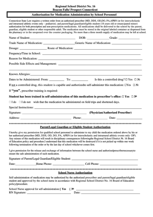 Authorization For Medication Administration By School Personnel Form 