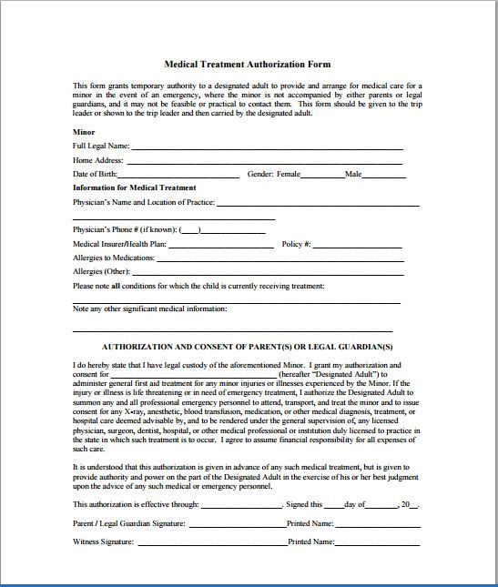 Authorization For Minor s Medical Treatment Medical Consent Form 