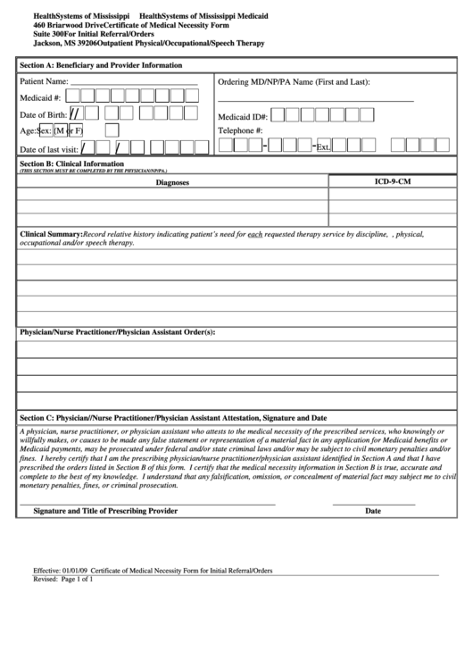 Certificate Of Medical Necessity Form For Initial Referral orders 