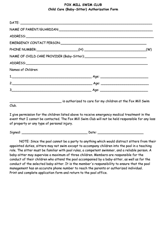 Child Care Authorization Form Printable Pdf Download