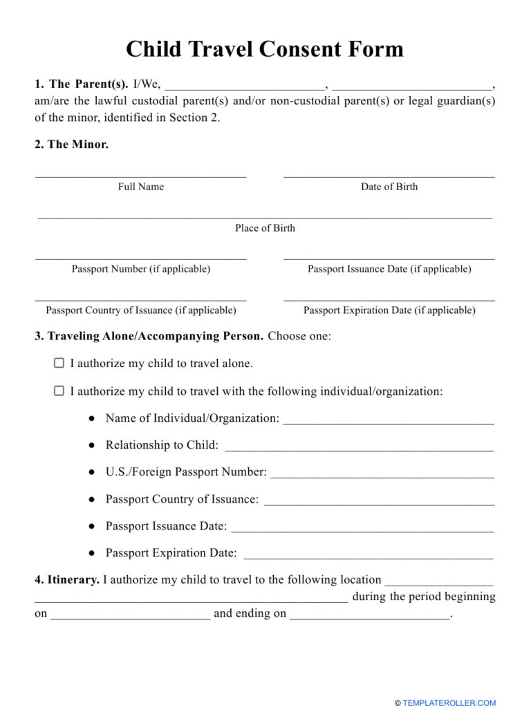 Child Travel Consent Form Download Printable PDF Templateroller