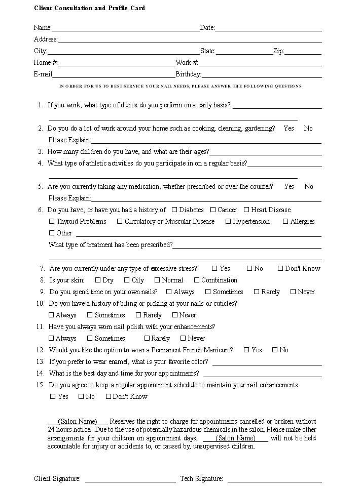 Client Consultation Form Cosmetology Student Beauty Business Salon 