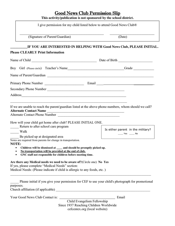 Club Permission Slip In Word And Pdf Formats