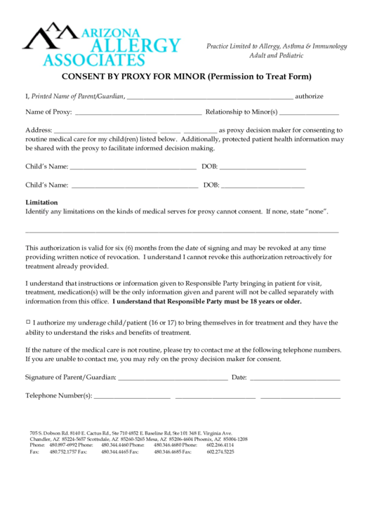 Consent By Proxy For Minor Permission To Treat Form Printable Pdf 