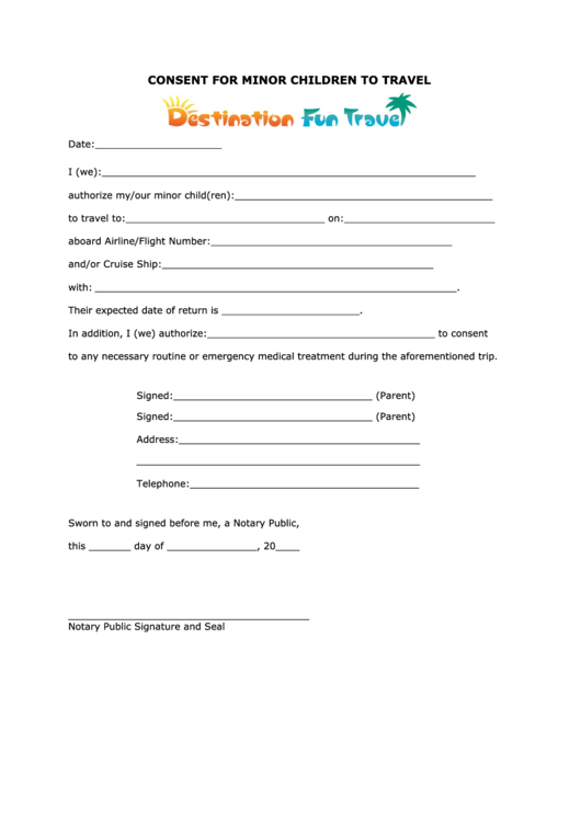Consent For Minor Children To Travel Printable Pdf Download
