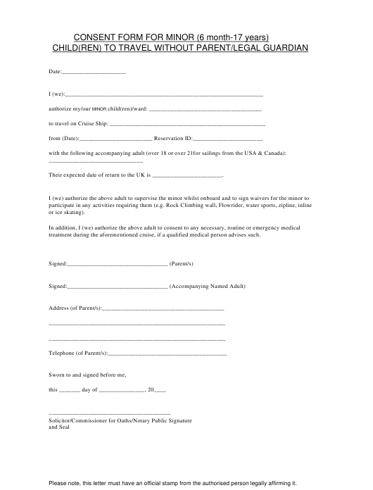 Consent Form For Minor Child Ren To Travel Without Parent Legal 